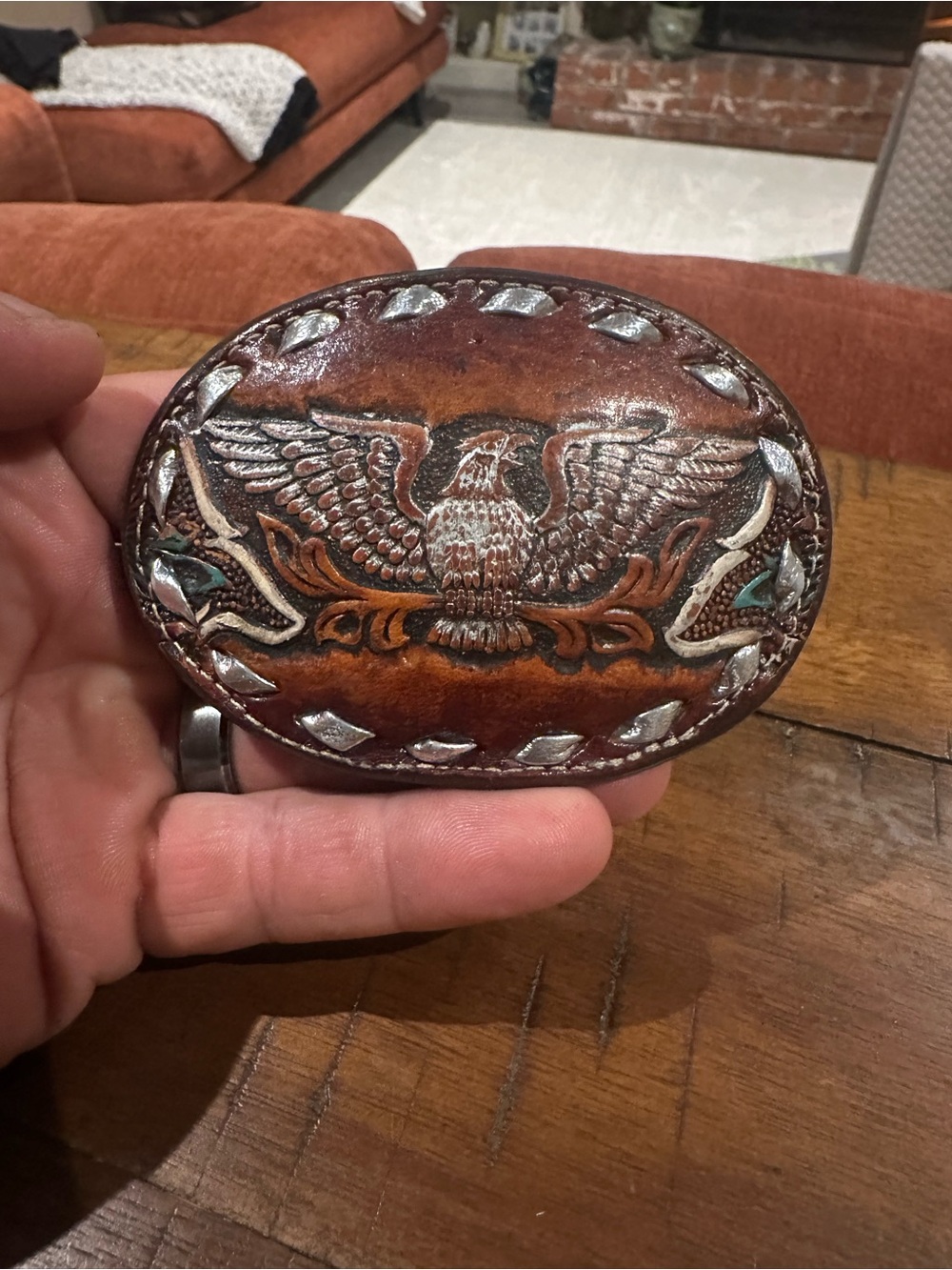 Vintage Joe Brazos Hand-Tooled Brown Leather Belt Buckle with Eagle Motif